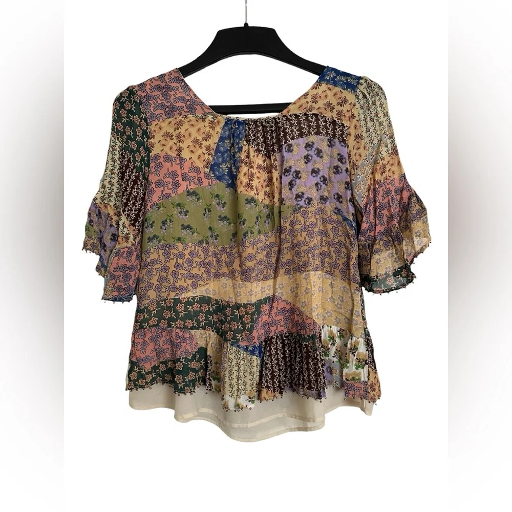 Anthropologie Floreat Floral Beaded Patchwork Peasant Blouse Size XS - Picture 6 of 8